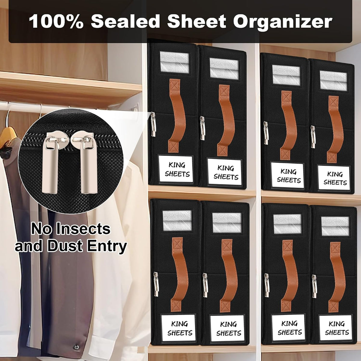 Bed Sheet Organizer - No Insects Entry Sheet Organizers and Storage with Zipper, Label, Handle, Window, Linen Closet Organizers and Storage for Sheet Set, Clothing, Duvet Covers, Blanket