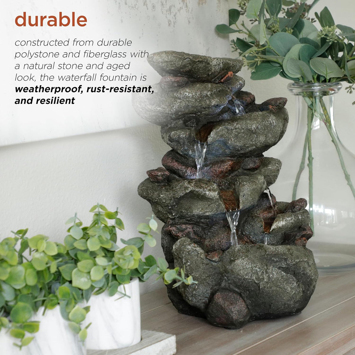 Alpine Corporation 13" Tall Indoor Tabletop Water Fountain, 4 Tier Cascading Water Feature with LED Lights for Home, Office, Living Room, or Zen Decor, Gray