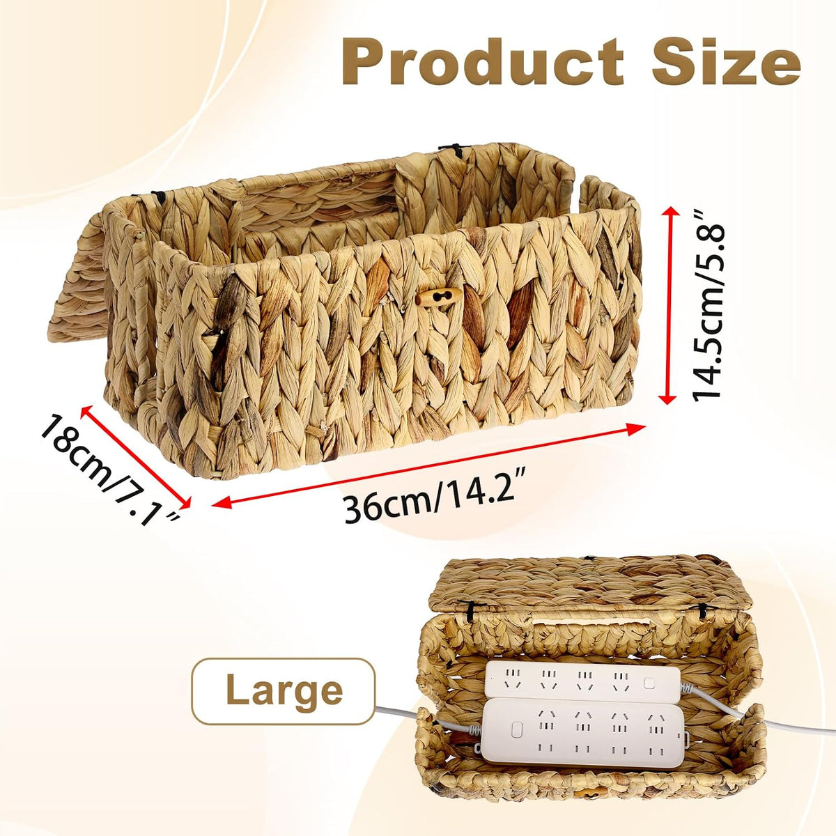 BTSKY Woven Cable Management Box with Lid Water Hyacinth Cord Organizer, S