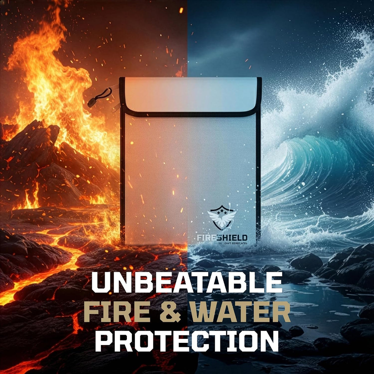 FIRESHIELD PRO Upgraded 2000°F Fireproof Document Bag w/ Dual Pockets – Fire & Waterproof Money Pouch for Cash – Safe Storage for Family Photos, Jewelry, Passport & Important Documents – 15" x 11"