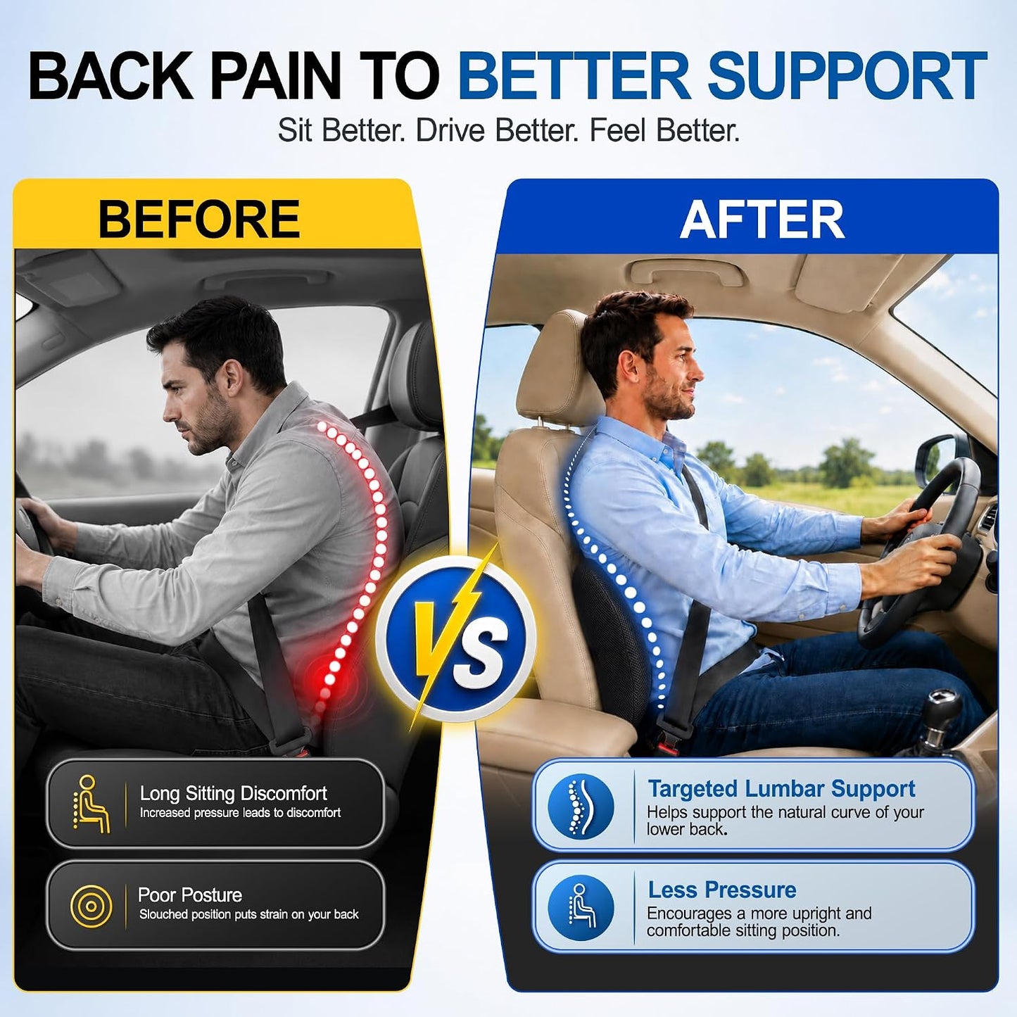 Lumbar Support Pillow for Car, Memory Foam, Black | Back Pain Relief, Adjustable Straps, Office Chair Compatible, Desk Chair Compatible