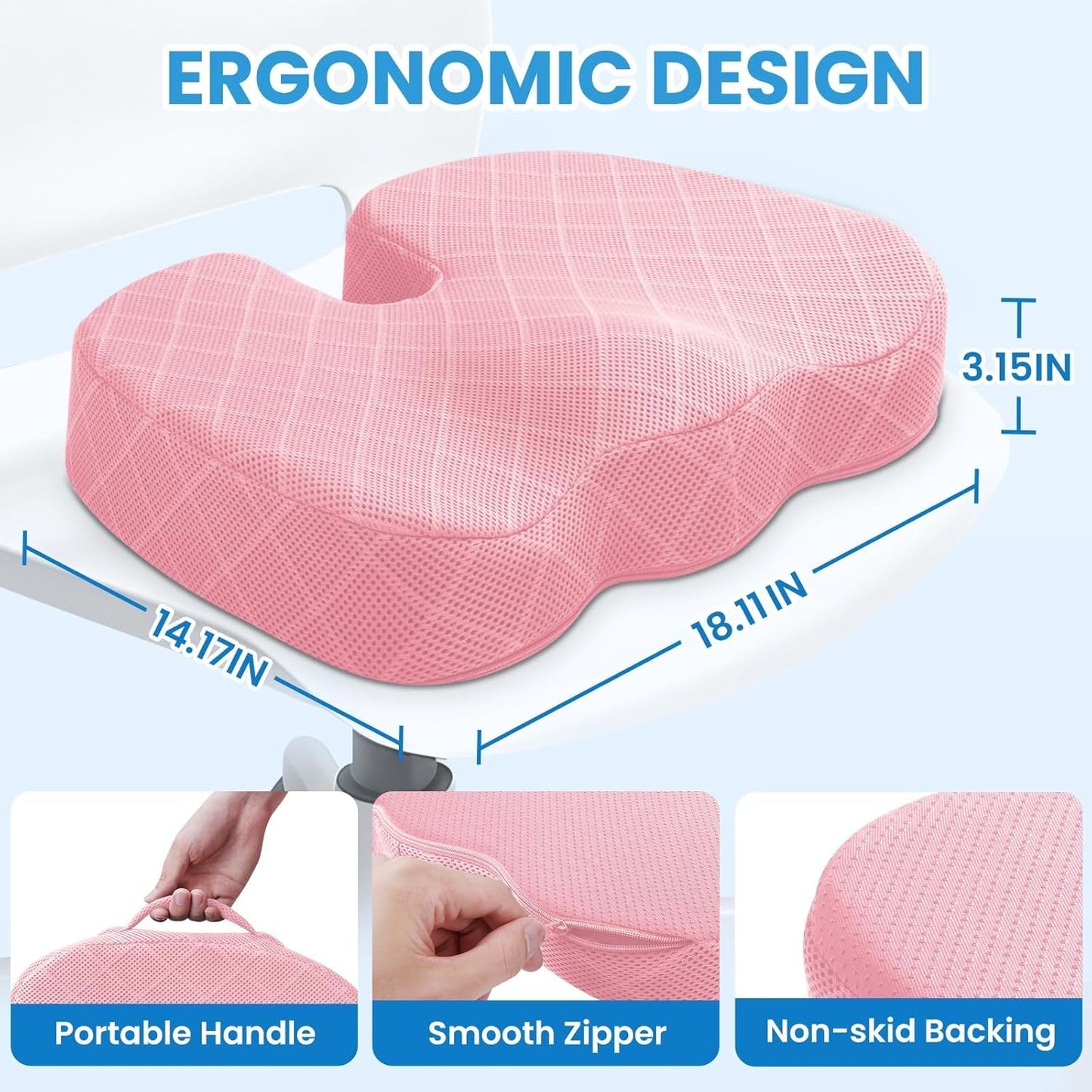 TushGuard Seat Cushion - Memory Foam Sitting Pillow for Office Chair, Car Seat, Airplane, Bleacher - Sciatica & Hip & Coccyx Pain Relief Desk Chair Cushion for Long Sitting Office Workers, Car Drivers