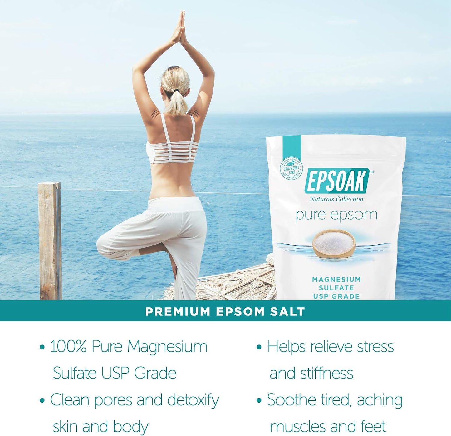Epsoak Epsom Salt 38 lb. Magnesium Sulfate USP. (Qty. 2 x 19 lb. Bags) Resealable Epsom Salt Bag Unscented, Made in The USA, Cruelty-Free Certified