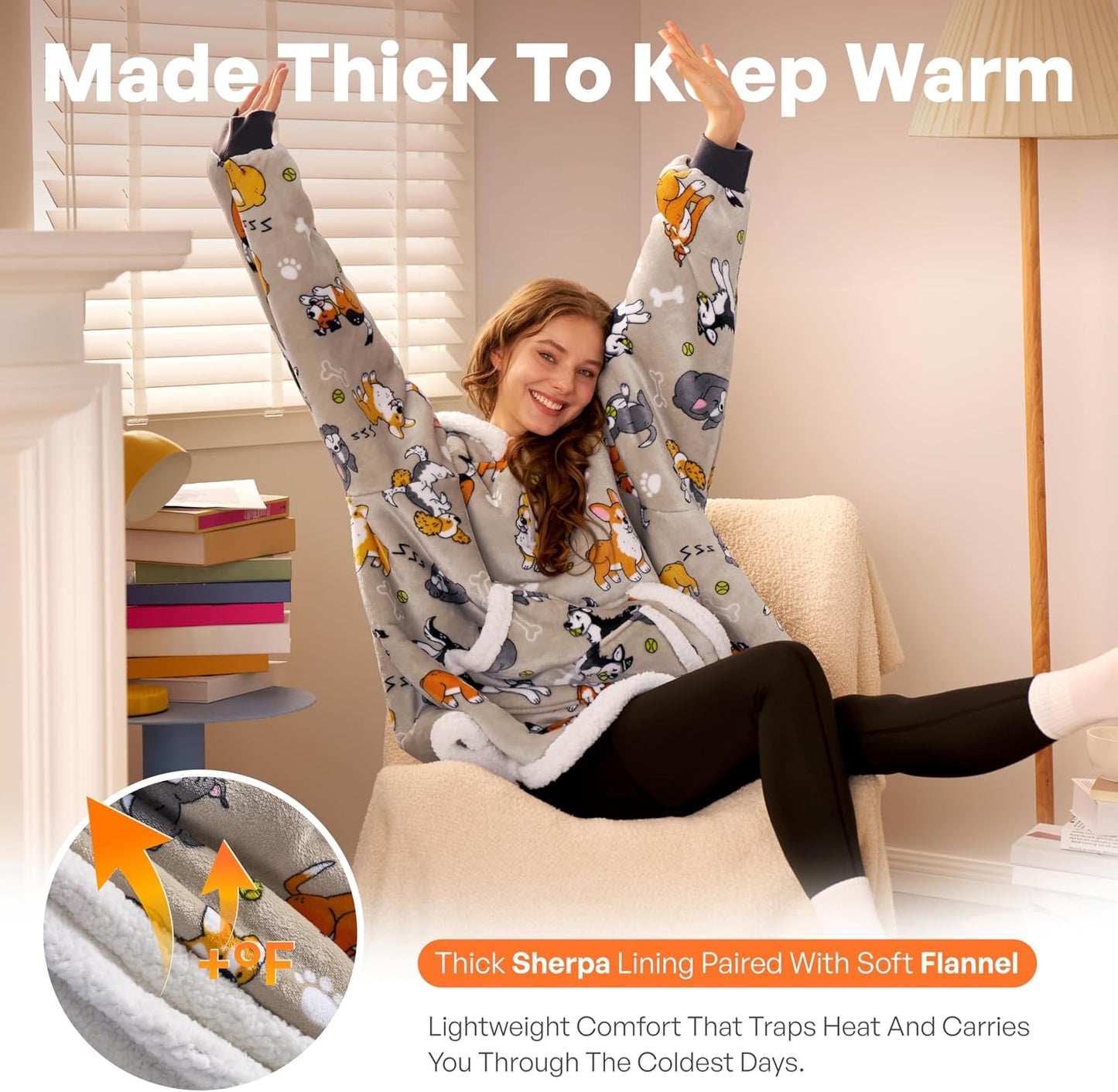 Giggling Getup Wearable Blanket Hoodie for Adults Gifts for Teen Girls Sister Women Sherpa Fleece Printed Hooded Blanket Sweatshirt Warm Cozy with Pocket & Sleeves Beige Cat