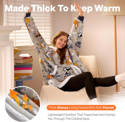 Giggling Getup Wearable Blanket Hoodie for Adults Gifts for Teen Girls Sister Women Sherpa Fleece Printed Hooded Blanket Sweatshirt Warm Cozy with Pocket & Sleeves Beige Cat