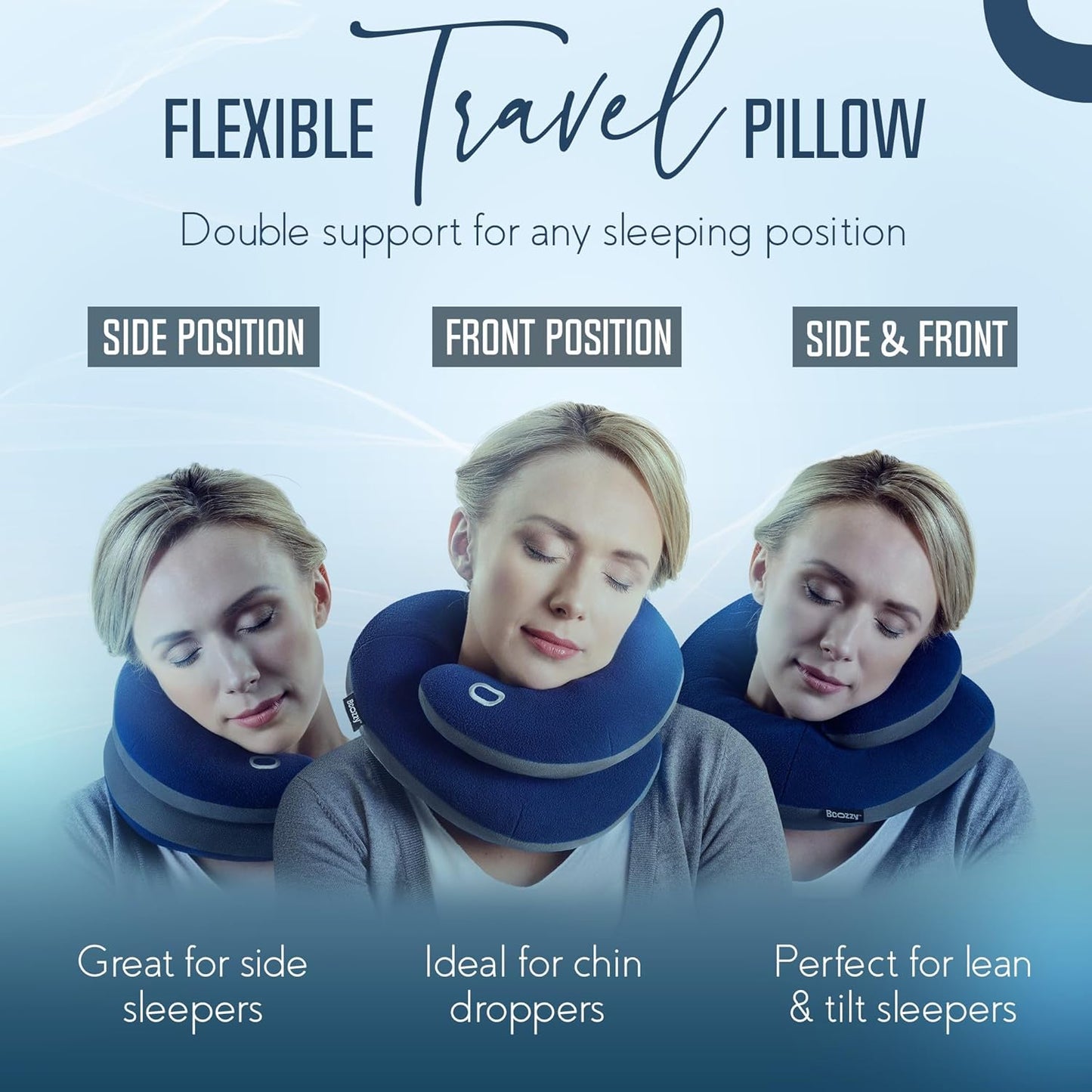 BCOZZY Travel Neck Pillow for Airplane – Patented Double Support for Head, Neck, and Chin. Best for Long Flights, Plane Sleeping, and Car Rides. Adjustable Size. Fully Washable. Carry Bag. Large, Gray
