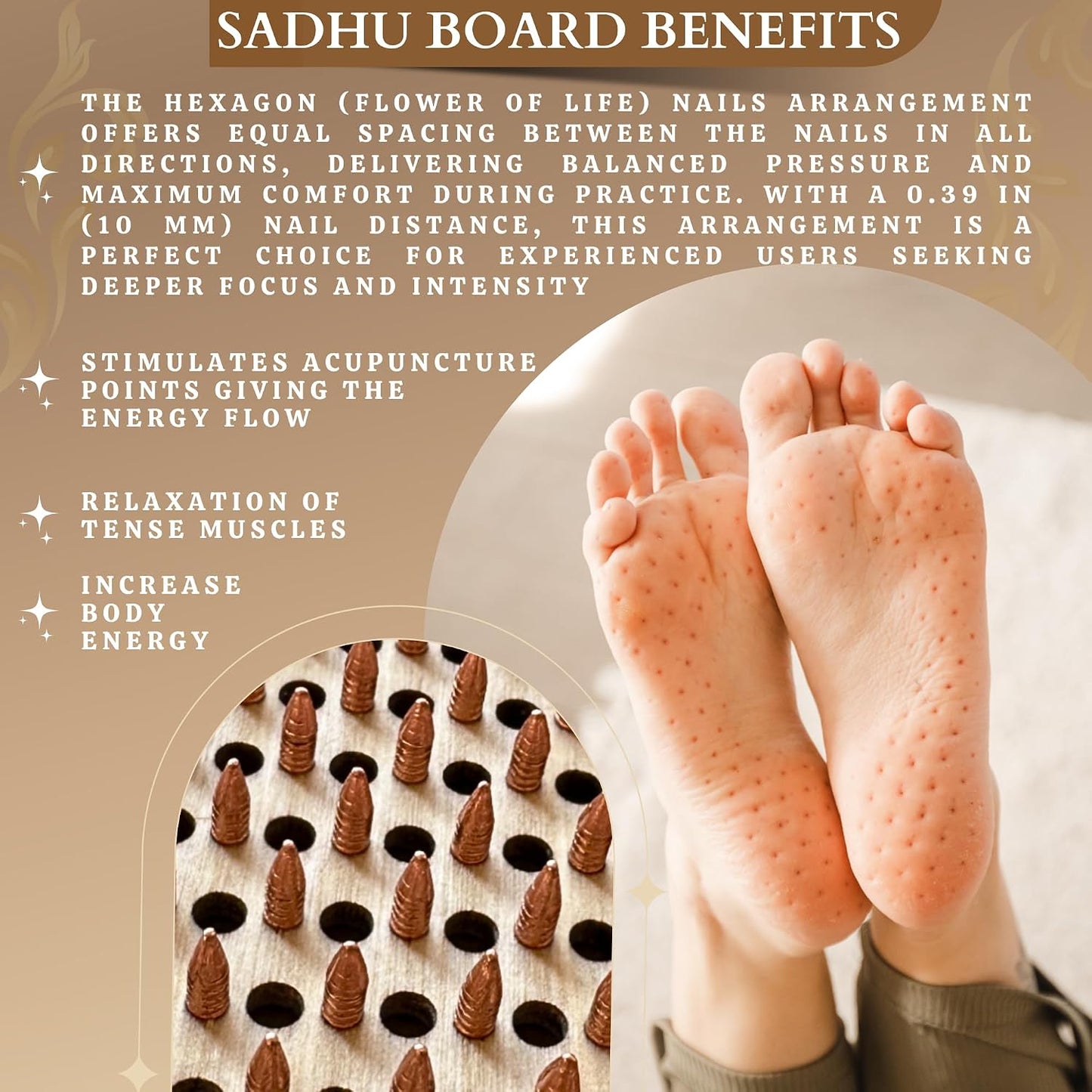 TENGRY Sadhu Board, Specially Crafted Copper Nails, 0,39 In (10 mm), Light Foot Board, Wooden Nail Boards for Feet, Acupuncture, Acupressure Mat, Nail Board, Yoga Gift