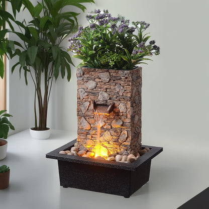 Kalona Indoor Tabletop Water Fountain – 3-Tier Resin Waterfall with LED Lights, Mini Bonsai Planter & Cascading Water Flow – Soothing Desk Fountain for Home, Office, Meditation Decor(22024)