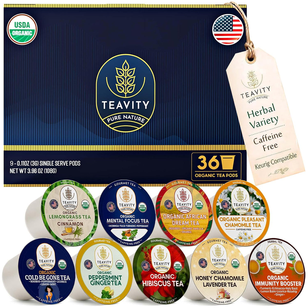 Teavity 9 Blend Organic Herbal Tea Pods Variety Pack,. 9 Assorted Flavors, Single Serve Decaf Tea Pods - 100% Gourmet Blended Leaves, Compatible with Keurig K Cups Brewer