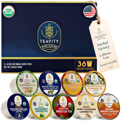 Teavity 9 Blend Organic Herbal Tea Pods Variety Pack,. 9 Assorted Flavors, Single Serve Decaf Tea Pods - 100% Gourmet Blended Leaves, Compatible with Keurig K Cups Brewer