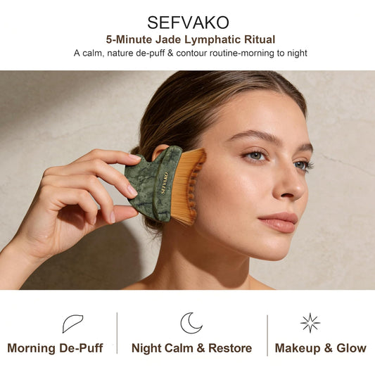 Lymphatic Contour Face Brush, Dual-Ended Dry Brush + Cool-Touch Jade Gua Sha Edge, 0.075mm Ultra-Soft Bristles Gua Sha Facial Tools, for Lymphatic Drainage, Less Puffy Look, Sculpt & Relax