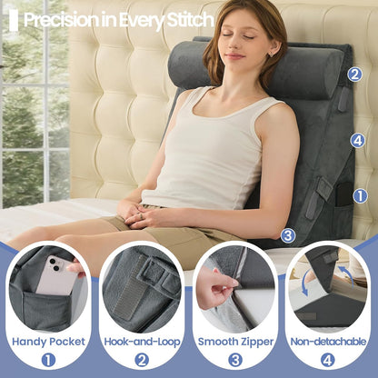 Sasttie Wedge Pillow Set for After Surgery, 2PCS Adjustable Bed Wedge Pillow Headboard with Memory Foam Neck Cushion – for Acid Reflux, Sleeping, Neck & Back Support, Dark Grey & White