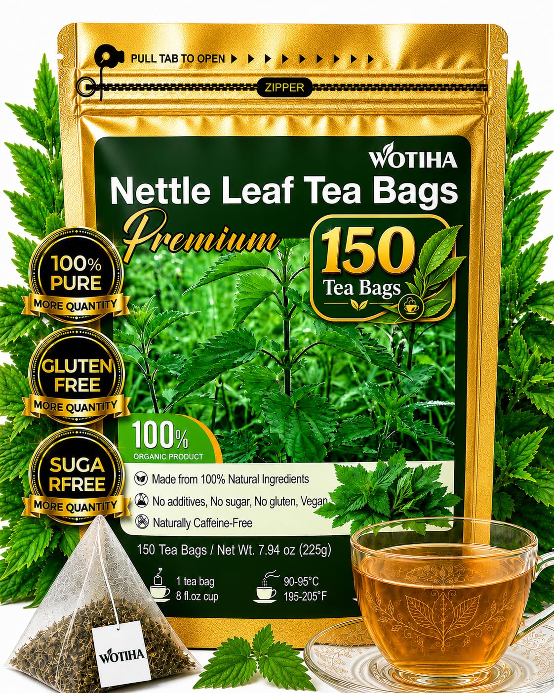 WOTIHA Stinging Nettle Leaf Tea Bags, 150 Count, No Added Sweetener