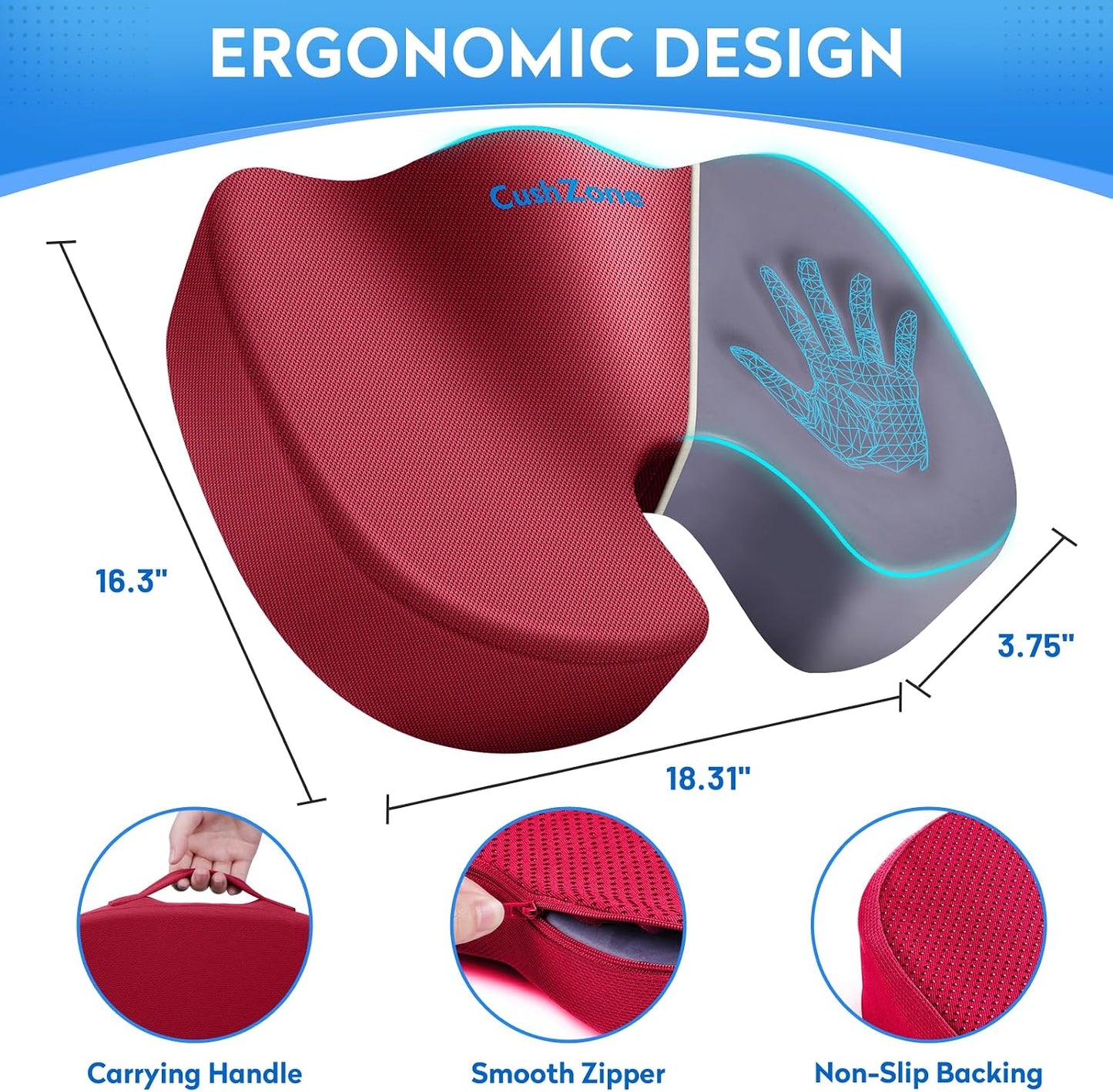 CushZone Seat Cushion - Memory Foam Office Chair Cushion for Sciatica, Tailbone & Back Pain Relief - Orthopedic Coccyx Pillow for Car, Airplane, Pregnancy & Long Sitting at Work, Black