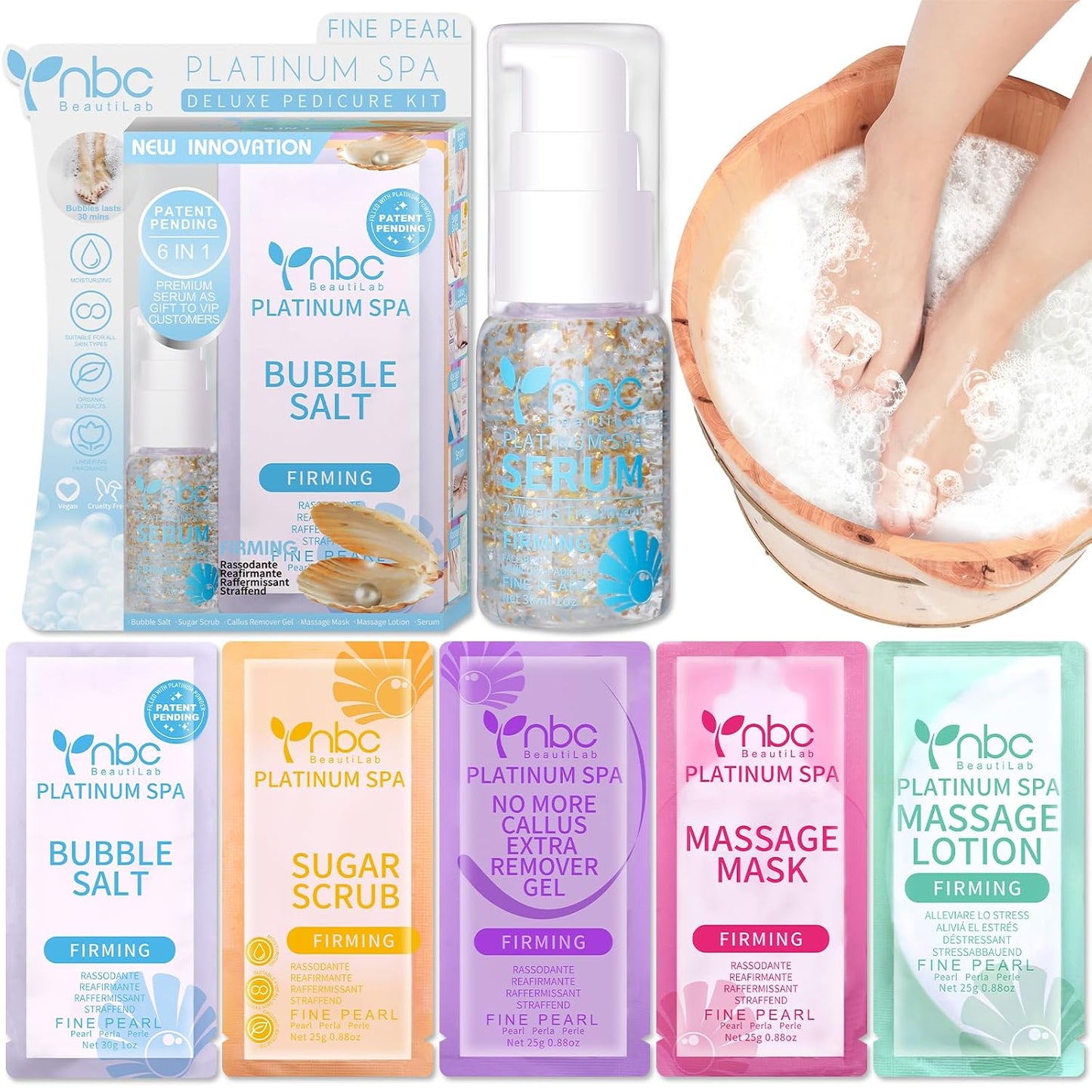 Pedicure Kit Foot Soak Set: Bubble Salt, Sugar Scrub, Massage Mask, Massage Lotion in a Box, 4 Step Foot Spa Kit for Dry Feet, Softens Calluses, Tired Feet（3 Set Lavender) - Colors B
