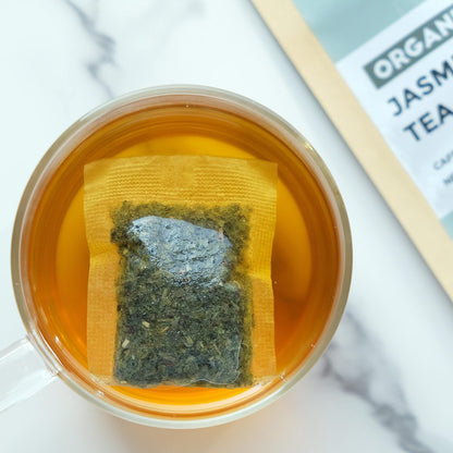 Fescha Organic Jasmine Green Tea Bags, Flower-scented Tea (50-count), Eco-Conscious Tea Bags, Packed by Resealable Kraft Bag