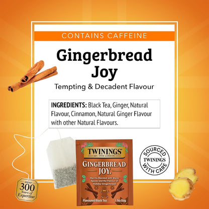 Twinings Gingerbread Joy Black Tea Individually Wrapped Bags, 20 Count (Pack of 1), Ginger & Cinnamon, Caffeinated, Enjoy Hot or Iced, 20 Teabags