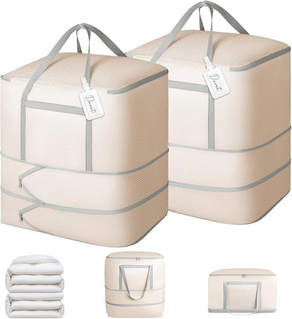 Comforter Storage Bag - 130L Large Capacity Blanket Storage Bags 4-Layer Ultra Space Saving Self Compression Organizer, Washable Compression Bags for Storage Comforter Blanket, Beige