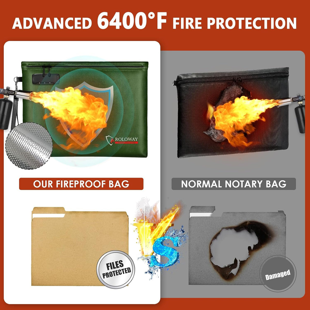 ROLOWAY Fireproof Document Bag (14.5 x 11.5 inch), 6400℉ Fireproof Money Bag with Zipper for Cash, Fire Safe Money Pouch with Lock (Black)