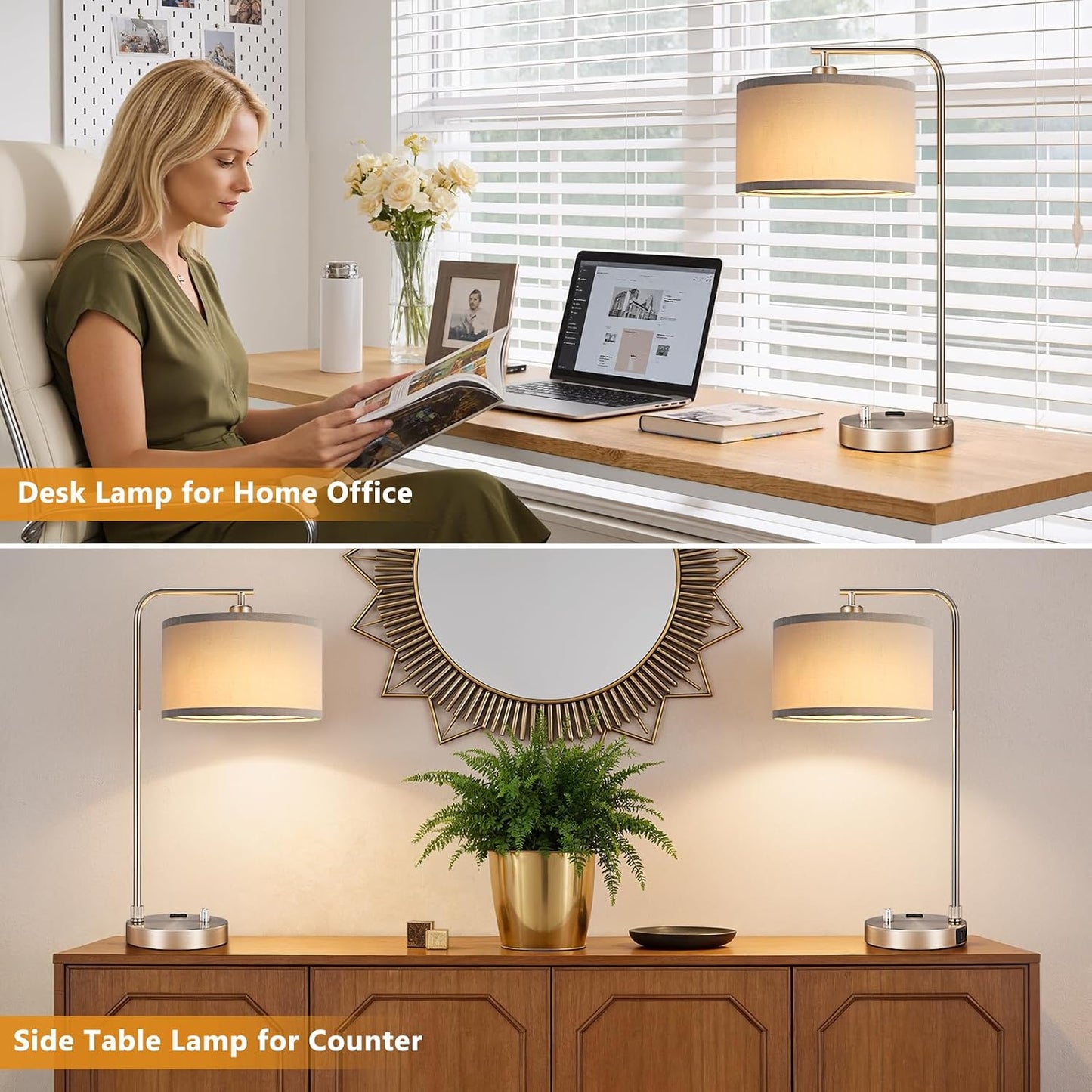 Innqoo Bedside Table Lamps for Bedroom Set of 2-Dimmable Nightstand Lamps with USB Port and Outlet,Modern Gold Lamps with Linen Shade,Tall Desk Lamps for Home Office Bedroom Living Room End Table