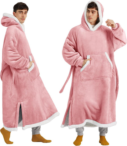 Bedsure Wearable Blanket Hoodie, Long Hooded Blanket Sweatshirt as Mothers Birthday Gifts for Women, Cozy Sherpa Hoodie for Adult, Standard, Grey