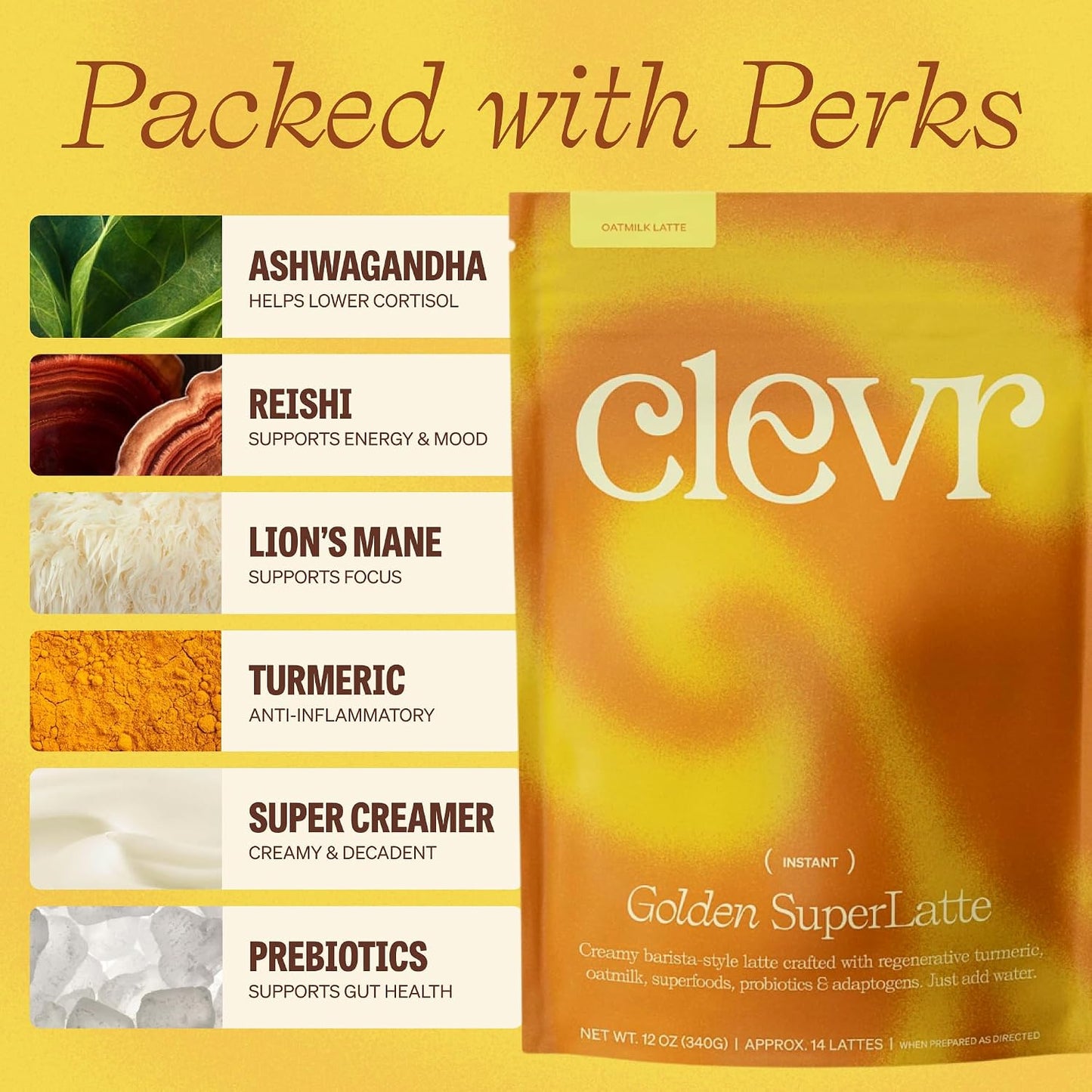 Clevr Pistachio Matcha SuperLatte, Organic Ceremonial Grade, Instant Superfood Powder Blend with Lions Mane, Reishi Mushroom, Coconut Cream, Ashwagandha, Serve Hot or Iced (14 Lattes)