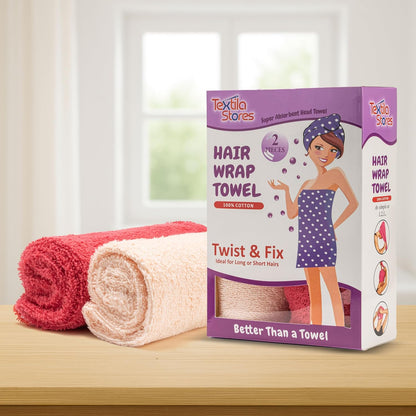 Textila 100% Cotton Hair Wrap Towels for Women (Pack of 2, Raspberry & Green) – Soft & Absorbent Turban Towels for Long, Curly, Frizz-Prone Hair