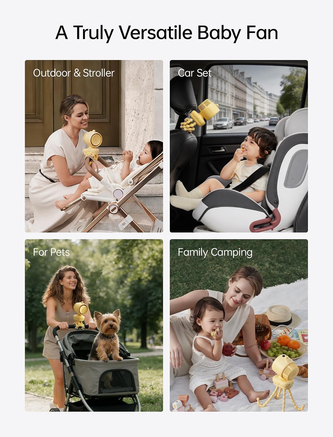 JISULIFE Chic Quadpod Stroller Fan 2026 –120°Auto Oscillation & 2 Wind Mode