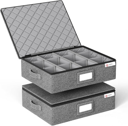 YearningHome Cup and Mug Storage Box with Hard Shell and Dividers for Coffee Mugs,Tea Cups and Glasses,Stackable Storage Organizers with Lid,Handles,Zips and Label for Moving,Holds 12,2 Pack, Grey