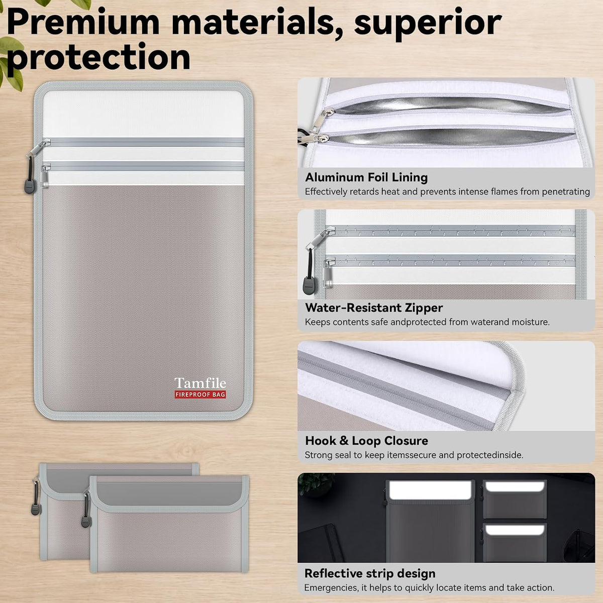 Tamfile Fireproof Document Bag with 2 Pack Fireproof Organizer Travel Bag