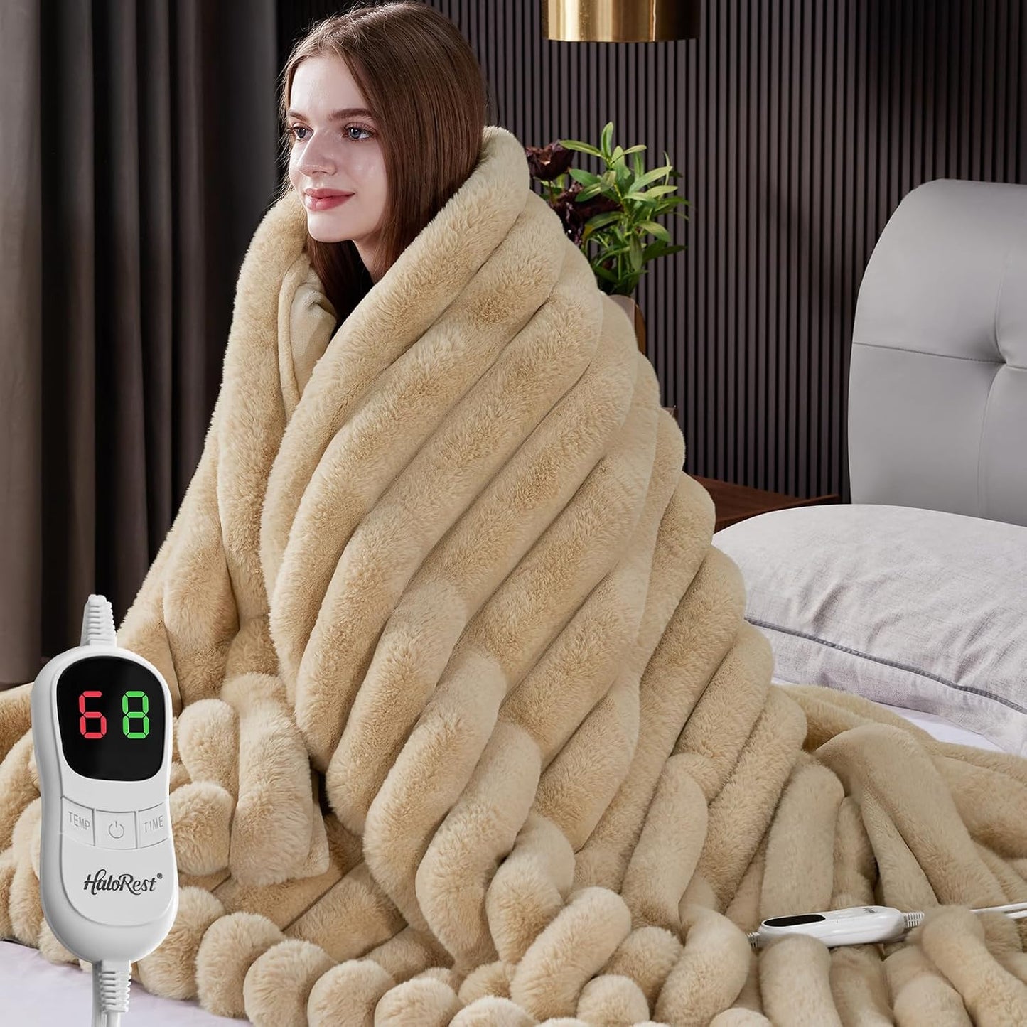 Heated Throw Blanket, Faux Fur Cozy Heating Blanket with Overheat Protection, 1/2/4/6/8 Hours Auto-Off 10 Heat Level, Machine Washable (50x60 Inches, Cream White)