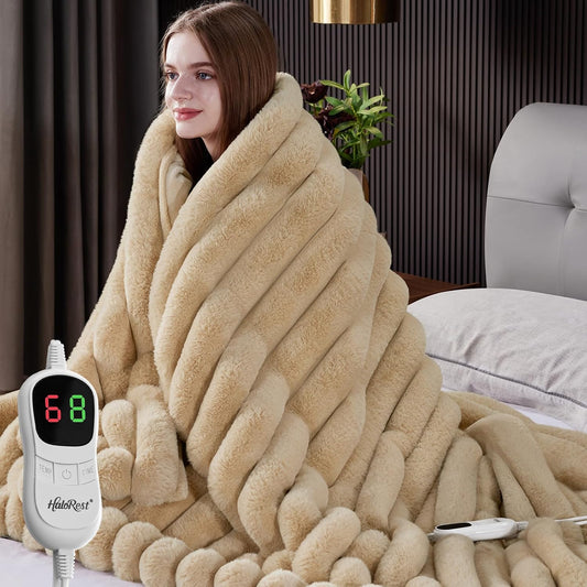 Heated Throw Blanket, Faux Fur Cozy Heating Blanket with Overheat Protection, 1/2/4/6/8 Hours Auto-Off 10 Heat Level, Machine Washable (50x60 Inches, Cream White)