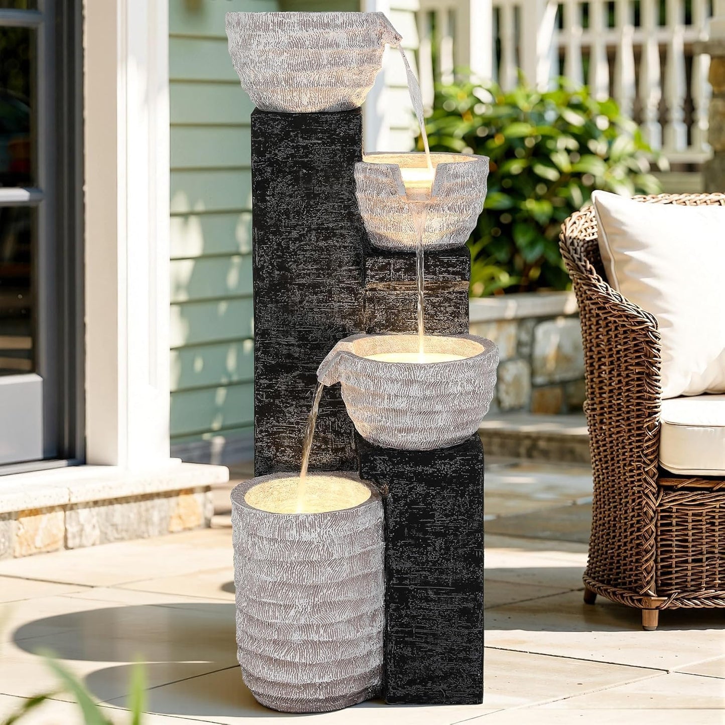 19.5" H 4-Tier Indoor & Outdoor Water Fountain with LED Lights | Resin Pebble Textured Tabletop Cascading Water Feature, Relaxing Decor for Patio, Porch, Deck, Yard & Home