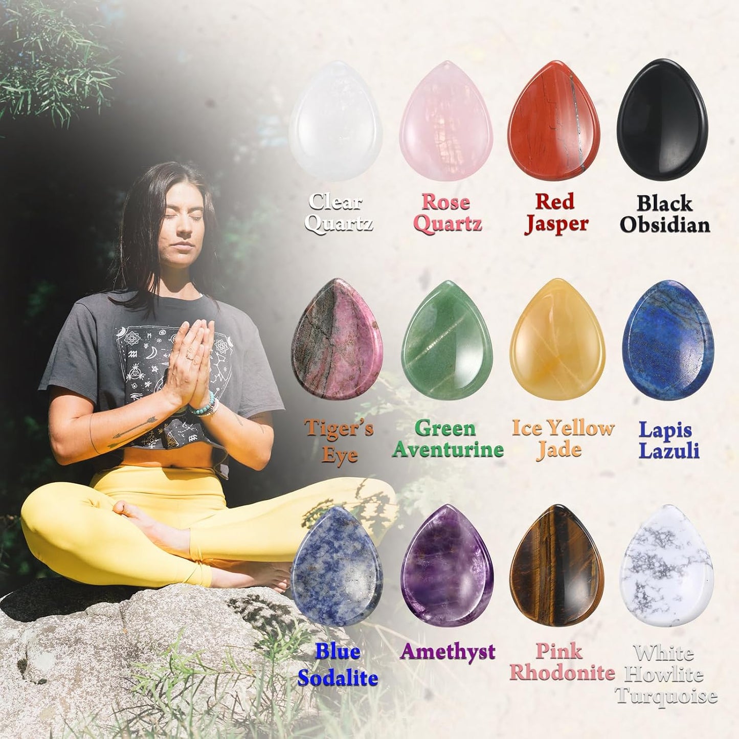 BBTO 12-Piece Worry Stones - Black Obsidian Crystal Thumb Stones for Stress Relief Meditation