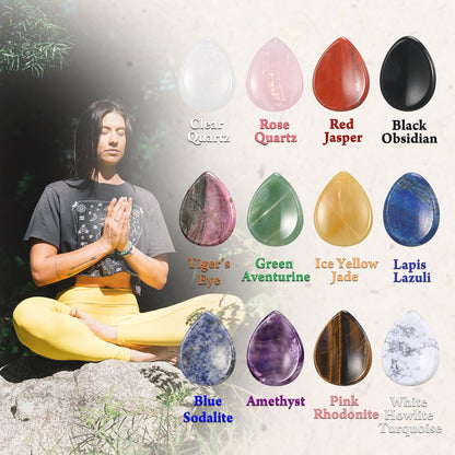 BBTO 12-Piece Worry Stones - Black Obsidian Crystal Thumb Stones for Stress Relief Meditation