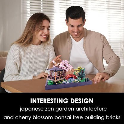 Micro Building Blocks Sets，Chinese Zen Garden Architecture and Cherry Blossom Bonsai Tree Building Toys for Adults，Japanese Sakura House Model，Creative Mini Bricks Gift for Kids 14+，2280 PCS