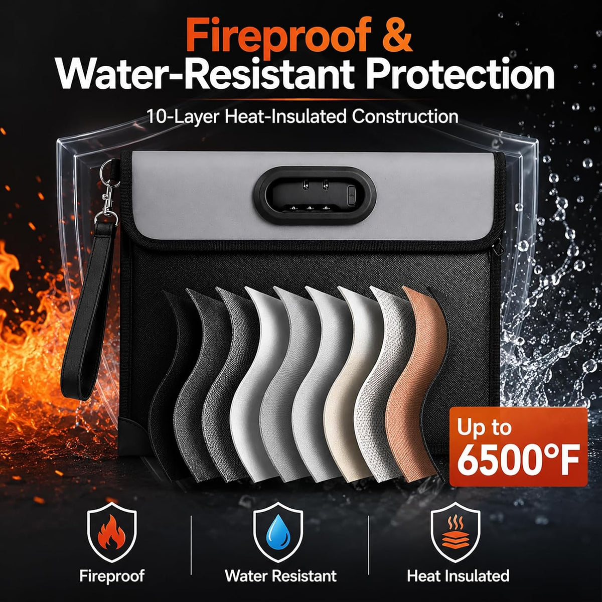 Andyer 2-Pocket Fireproof Document Bag with Lock, 6500℉ Fireproof Money Bag
