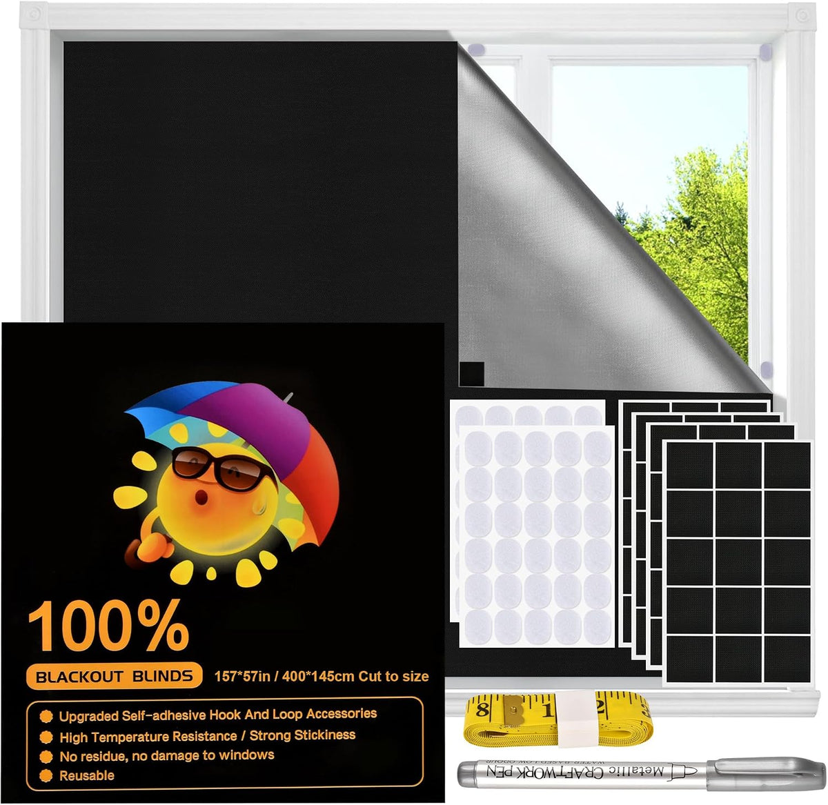 Blackout Window Cover, Upgraded Hook and Loop - Portable Shades No Residue and Longer Lasting, 100% Blackout Blinds for Window 79″ x 57″, Black Out Curtains for Bedroom and Baby Room 2m