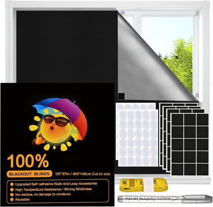 Blackout Window Cover, Upgraded Hook and Loop - Portable Shades No Residue and Longer Lasting, 100% Blackout Blinds for Window 79″ x 57″, Black Out Curtains for Bedroom and Baby Room 2m