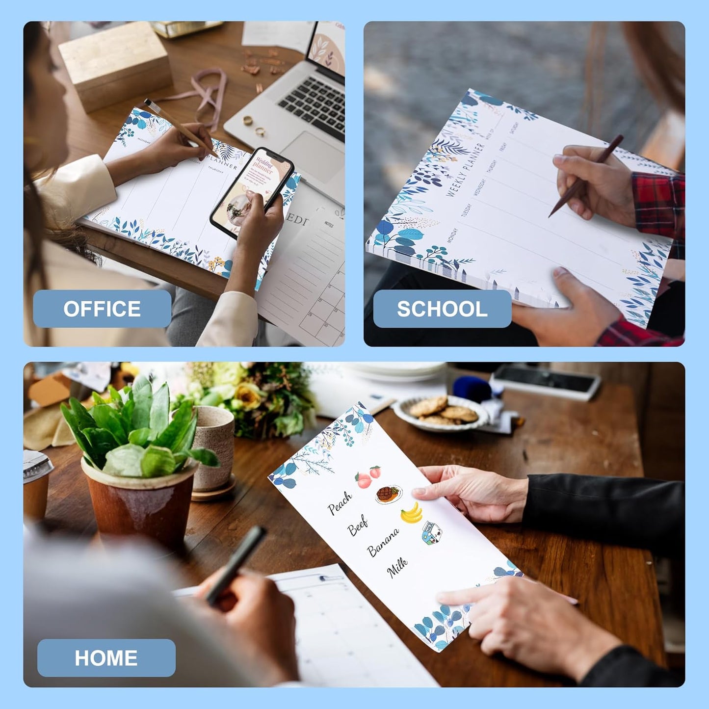 Weekly Planner Notepad Tear Off Set of 2 Weekly Calendar Pad 52 Undated To Do List Notepad Sheets Desk Planner Planning Pads Productivity Tracker for Work Goals Notes Schedule Ideas, Floral Blue