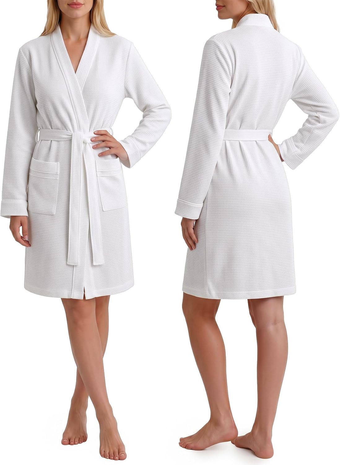 Cotton Blend Lightweight Waffle Robe for Women Knee-Length Soft Bathrobe