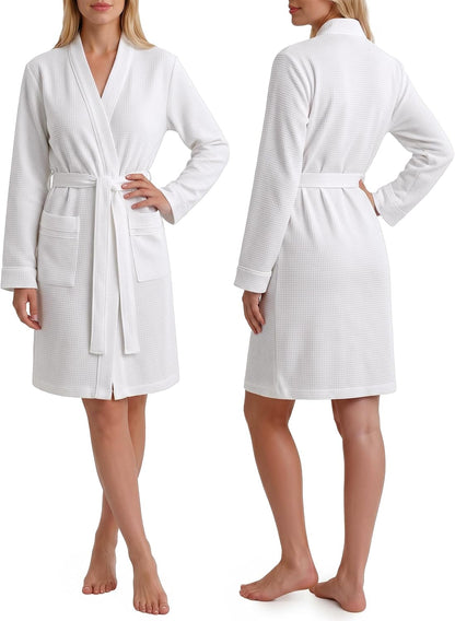 Cotton Blend Lightweight Waffle Robe for Women Knee-Length Soft Bathrobe