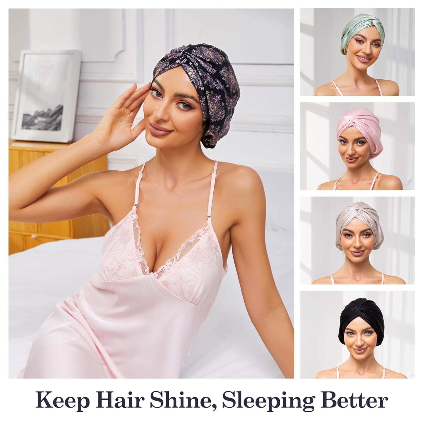 Adjustable Silk Satin Bonnet for Sleeping Hair Wrap, Double Layer Sleep Cap, Night Turban for Large Long Curly Braid Women Men Hair - Matcha Green