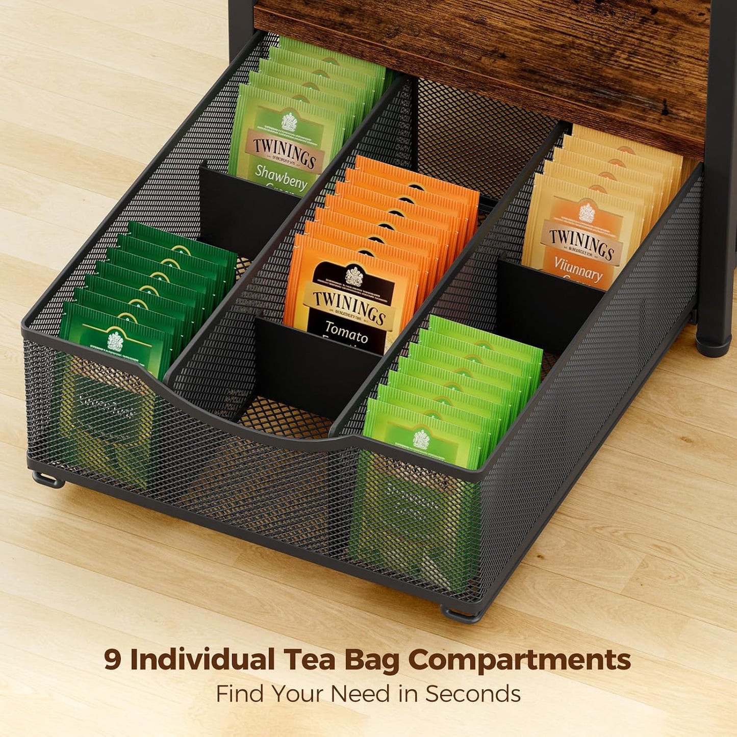 Plaviya 3-Tier Tea Bag Organizer with Drawer for Countertop | Tea Bag Holder and Storage, 9 Compartments, 6 Hooks for Cup, Utility Tea Box, Office, Kitchen, Rustic Brown