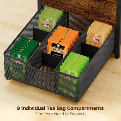 Plaviya 3-Tier Tea Bag Organizer with Drawer for Countertop | Tea Bag Holder and Storage, 9 Compartments, 6 Hooks for Cup, Utility Tea Box, Office, Kitchen, Rustic Brown