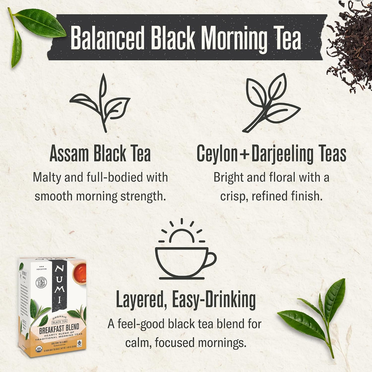 Numi Organic Breakfast Blend, 18 Black Tea Bags, High Caffeine