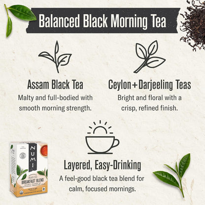 Numi Organic Breakfast Blend, 18 Black Tea Bags, High Caffeine