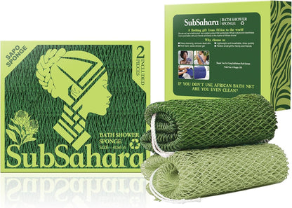 SubSahara Authentic African Net Sponge - 2 Pack Exfoliating Bath & Shower Loofah Sponge for Body & Face, Gentle Scrubber for All Skin Types, Travel, Durable Polyester (Olive Green & Light Green)