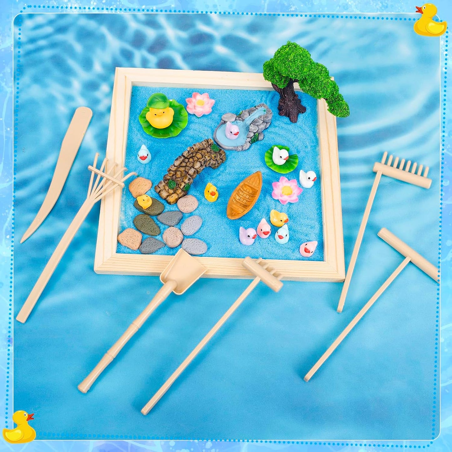 Angirlish 43PCS Zen Garden Kit for Desk, Mini Sandbox Set Gifts Included Wooden Tray Sand Tools Mini Resin Ducks and Accessories, Sand Tray Therapy for Meditation Room Office Home(Duck)