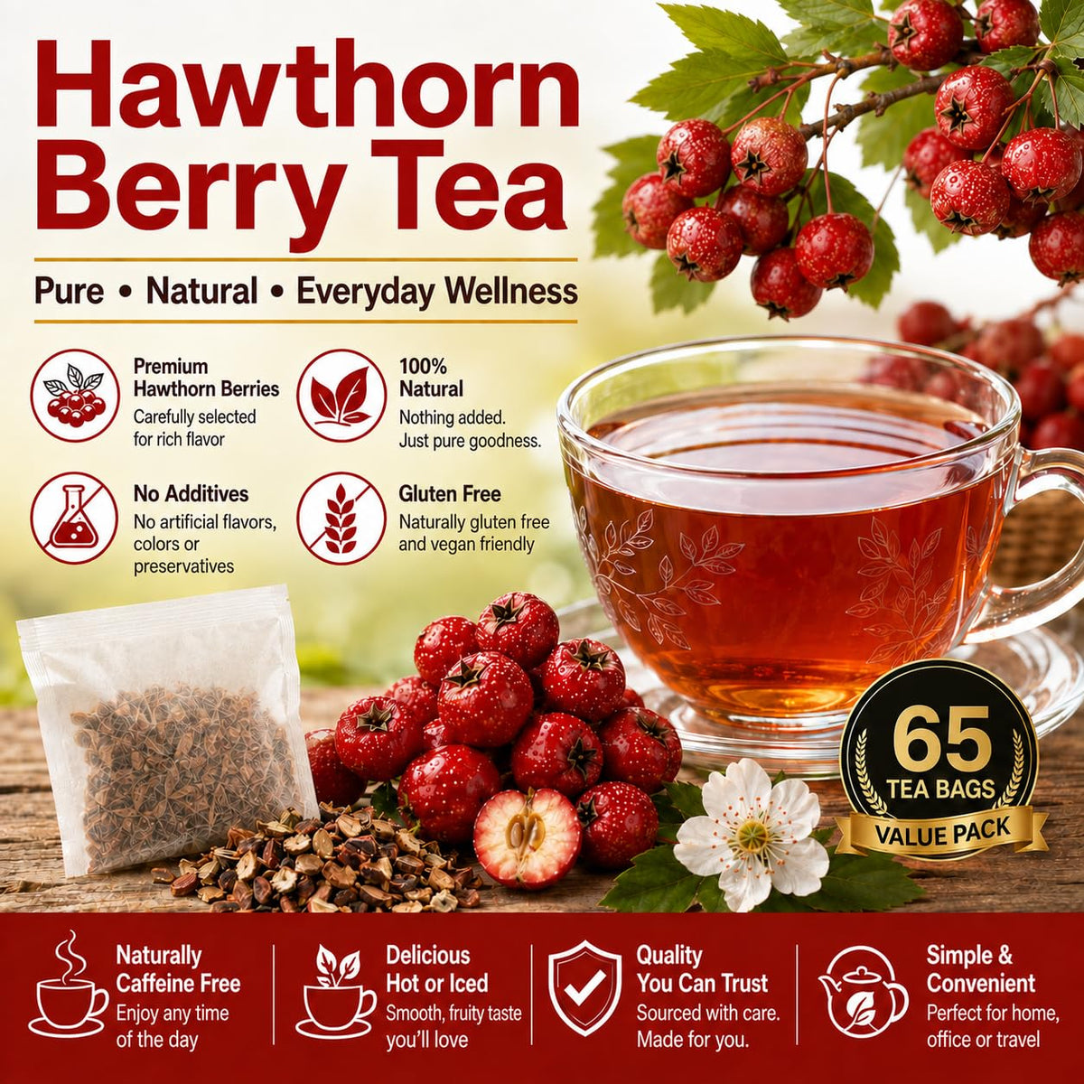 WOTIHA Hawthorn Berry Tea Bags, 65 Count - 100% Natural Dried Herbal Tea